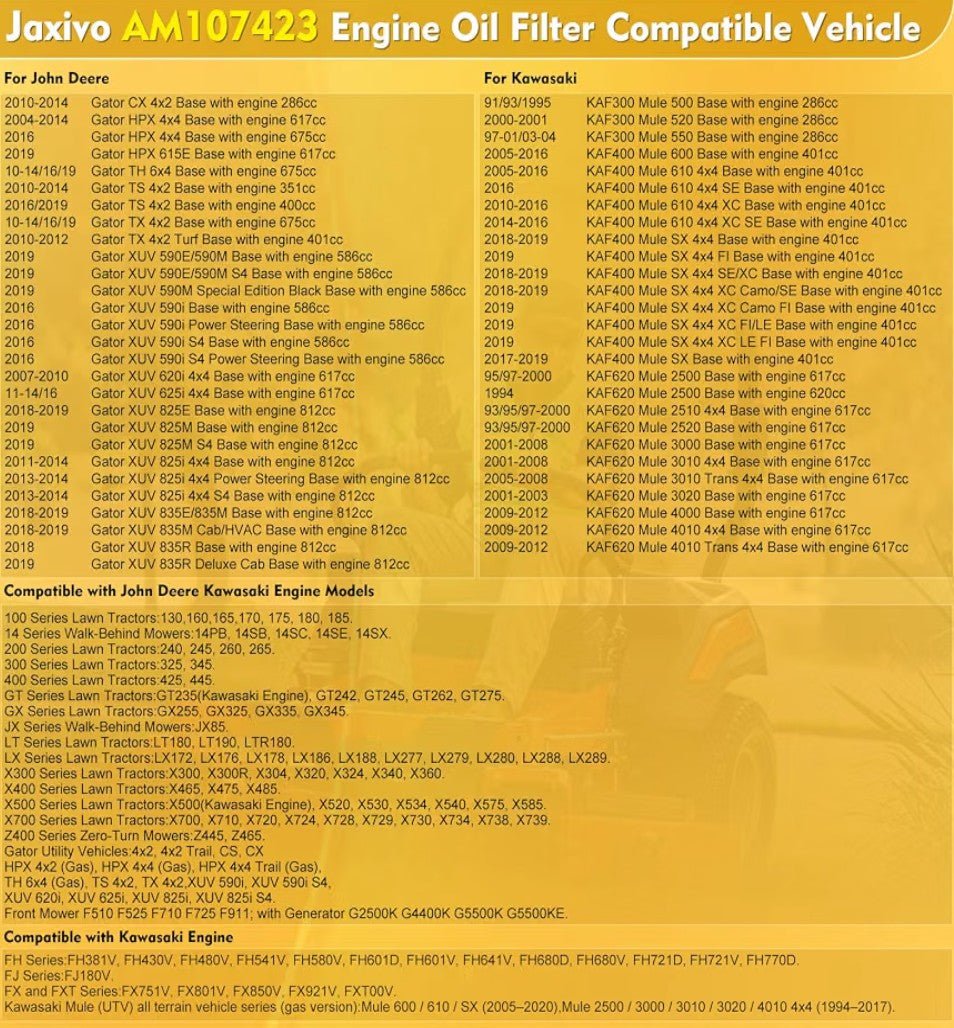 AM107423 Engine Oil Filter for John Deere Lawn Tractors & Kawasaki Engines | Replaces 49065-2071, 49065-0724 - Horizon Endless
