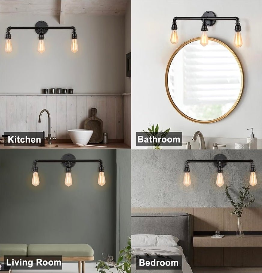 Bathroom Vanity Light Fixture, 3 Lights Farmhouse Industrial Black Water Pipe Wall Light Fixture - Horizon Endless