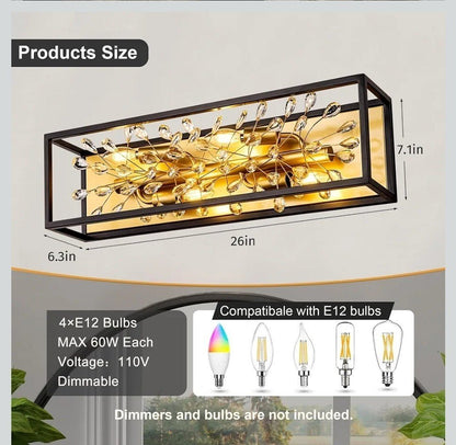 Black and Gold Crystal Bathroom Vanity Light, 26 Inch Wide Dimmable Wall Mount L - Horizon Endless