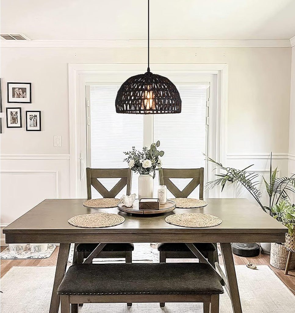 Black Woven Rattan Pendant Light – Boho Dome Chandelier for Kitchen Island & Dining Room (Bulb Included) - Horizon Endless