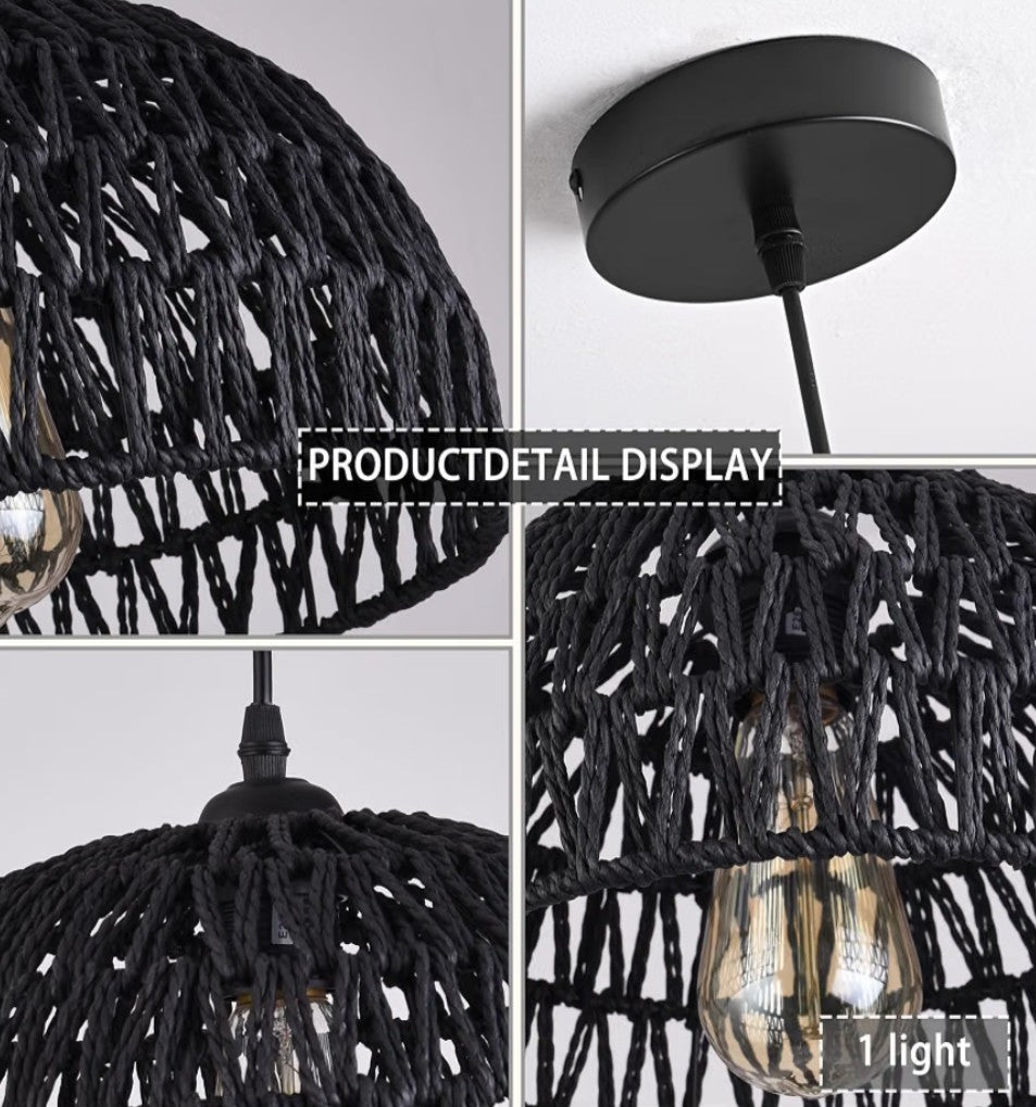 Black Woven Rattan Pendant Light – Boho Dome Chandelier for Kitchen Island & Dining Room (Bulb Included) - Horizon Endless