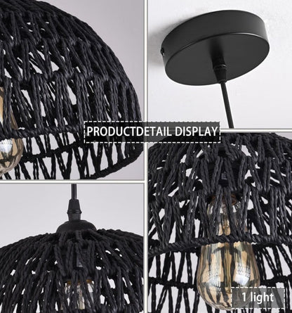 Black Woven Rattan Pendant Light – Boho Dome Chandelier for Kitchen Island & Dining Room (Bulb Included) - Horizon Endless