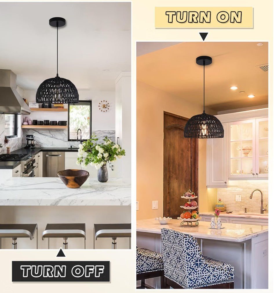 Black Woven Rattan Pendant Light – Boho Dome Chandelier for Kitchen Island & Dining Room (Bulb Included) - Horizon Endless
