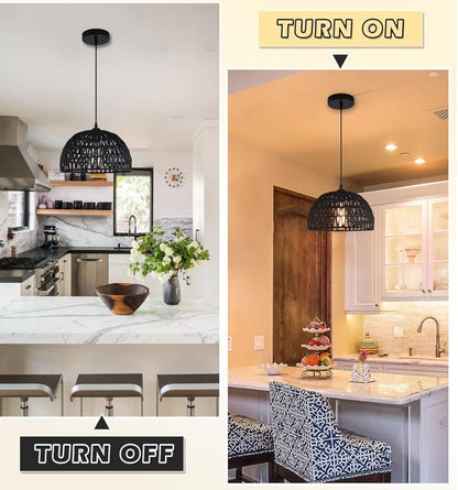 Black Woven Rattan Pendant Light – Boho Dome Chandelier for Kitchen Island & Dining Room (Bulb Included) - Horizon Endless