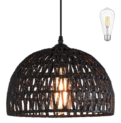 Black Woven Rattan Pendant Light – Boho Dome Chandelier for Kitchen Island & Dining Room (Bulb Included) - Horizon Endless