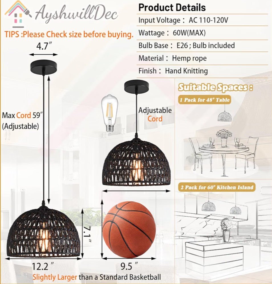 Black Woven Rattan Pendant Light – Boho Dome Chandelier for Kitchen Island & Dining Room (Bulb Included) - Horizon Endless