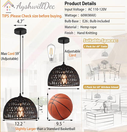 Black Woven Rattan Pendant Light – Boho Dome Chandelier for Kitchen Island & Dining Room (Bulb Included) - Horizon Endless