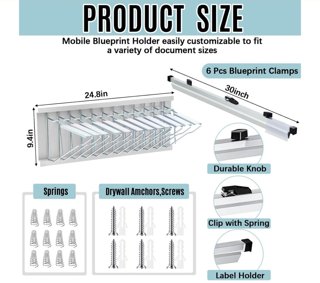 Blue Print Organizer Mobile Blueprint Storage Rack with 6 Clamps Wall Mount F... - Horizon Endless