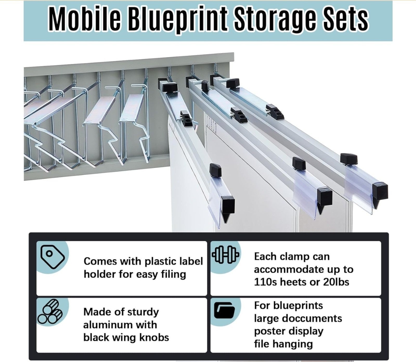 Blue Print Organizer Mobile Blueprint Storage Rack with 6 Clamps Wall Mount F... - Horizon Endless