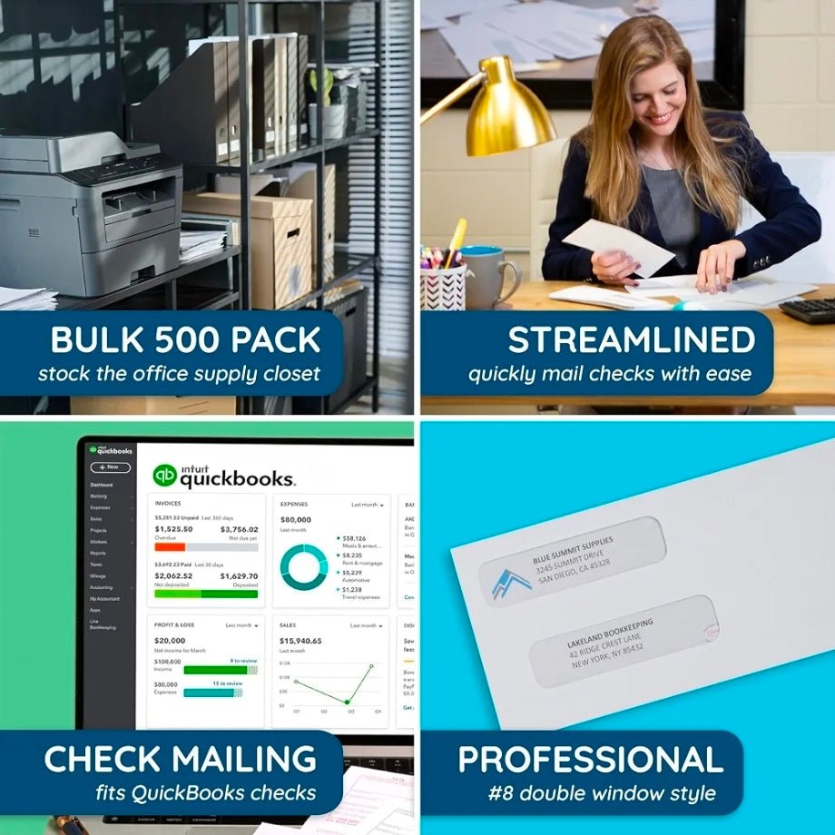 Blue Summit Supplies 500#8 Double Window Security Envelopes, Self Seal 3 5/8 x 8 11/16 in, Security Tint, Self Seal, for QuickBooks Checks, Business Check Mailings - Horizon Endless
