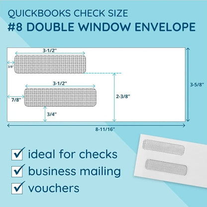 Blue Summit Supplies 500#8 Double Window Security Envelopes, Self Seal 3 5/8 x 8 11/16 in, Security Tint, Self Seal, for QuickBooks Checks, Business Check Mailings - Horizon Endless
