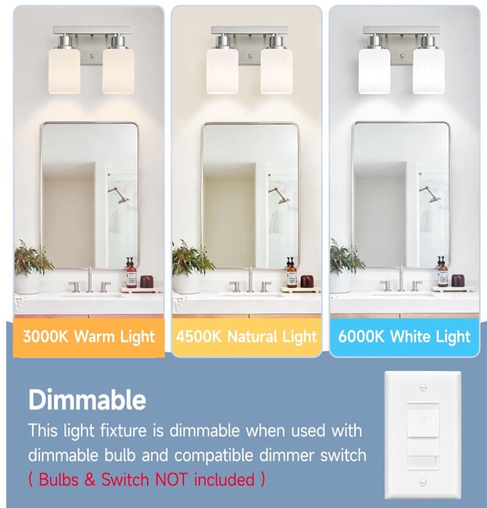 Brushed Nickel Bathroom Vanity Light – 2‑Light Wall Sconce (E26 Base) - Horizon Endless
