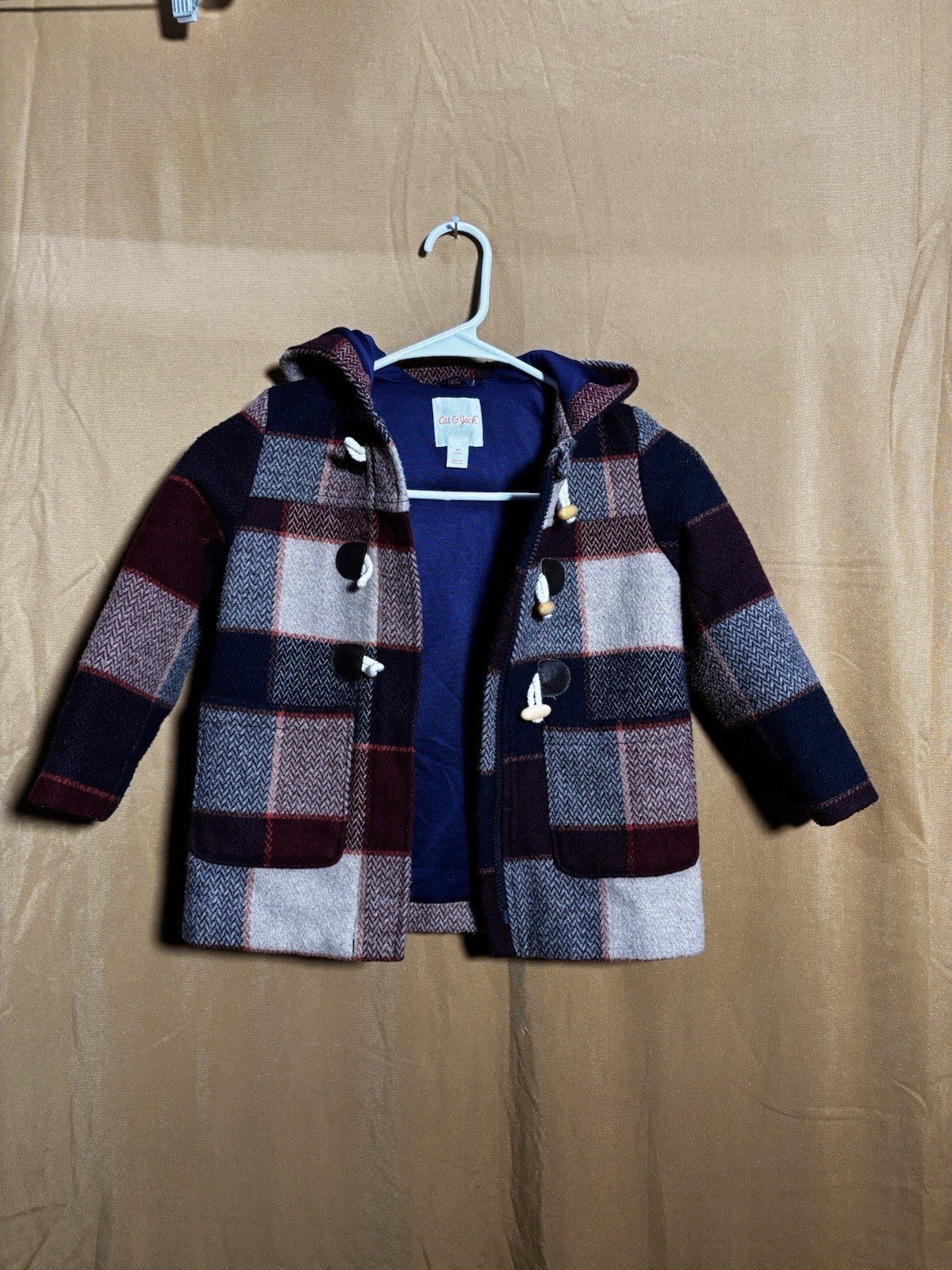 Cat & Jack Boys Size 4T Checkered Plaid Wool Blend Hooded Duffle Coat - Horizon Endless