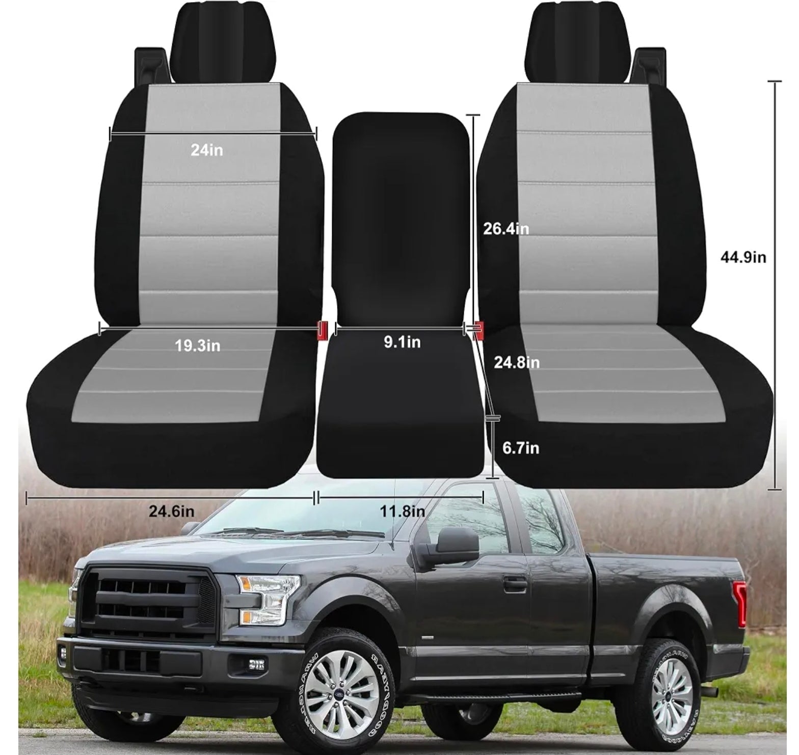 Custom Heavy Duty Fabric 40/20/40 Split Bench Seat Covers for Ford F150 XL/Standard Cab 2004 2005 2006 2007 2008 Protector Interior Accessories，Waterproof & Machine Washable - Gray - Horizon Endless