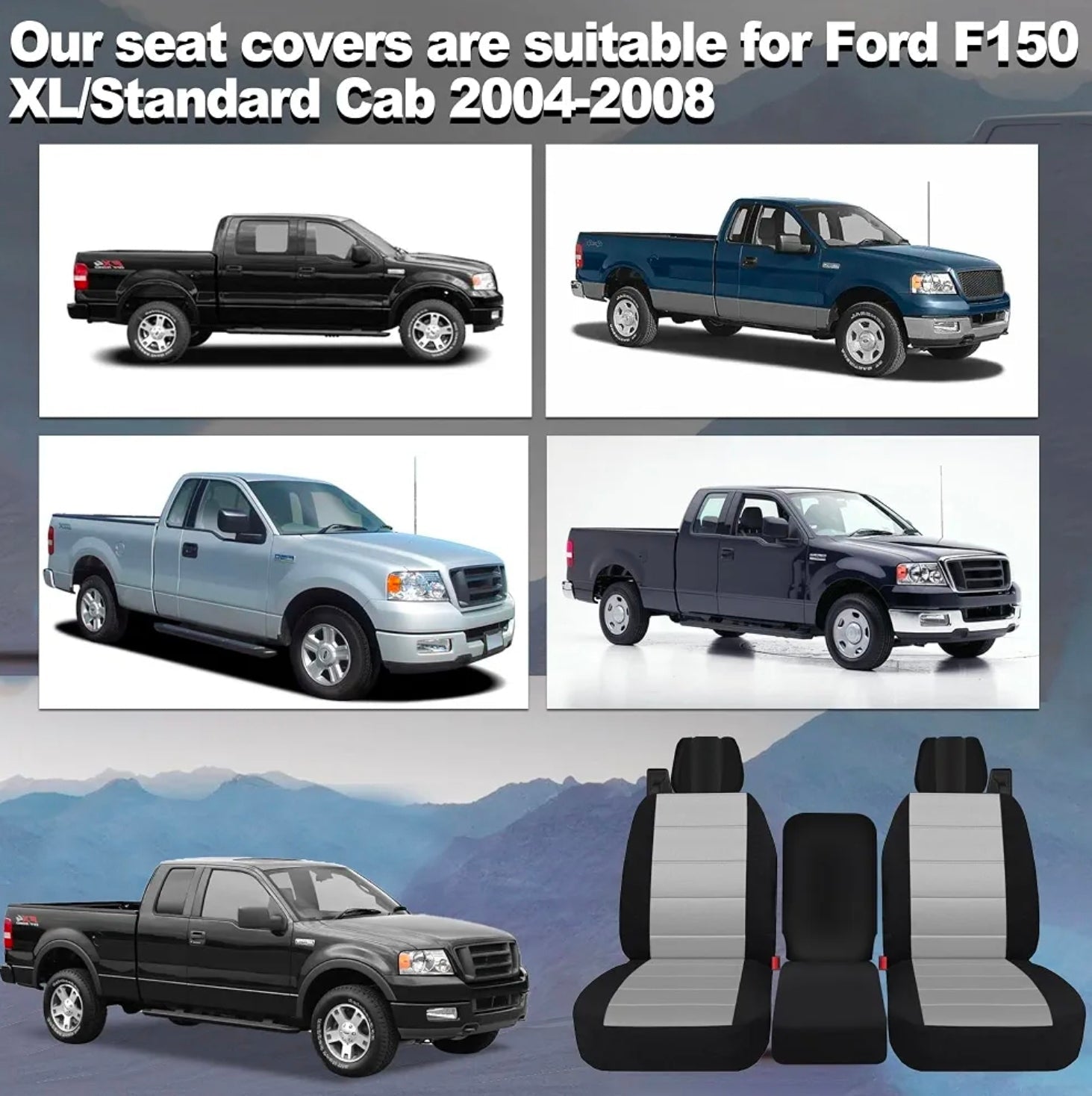 Custom Heavy Duty Fabric 40/20/40 Split Bench Seat Covers for Ford F150 XL/Standard Cab 2004 2005 2006 2007 2008 Protector Interior Accessories，Waterproof & Machine Washable - Gray - Horizon Endless