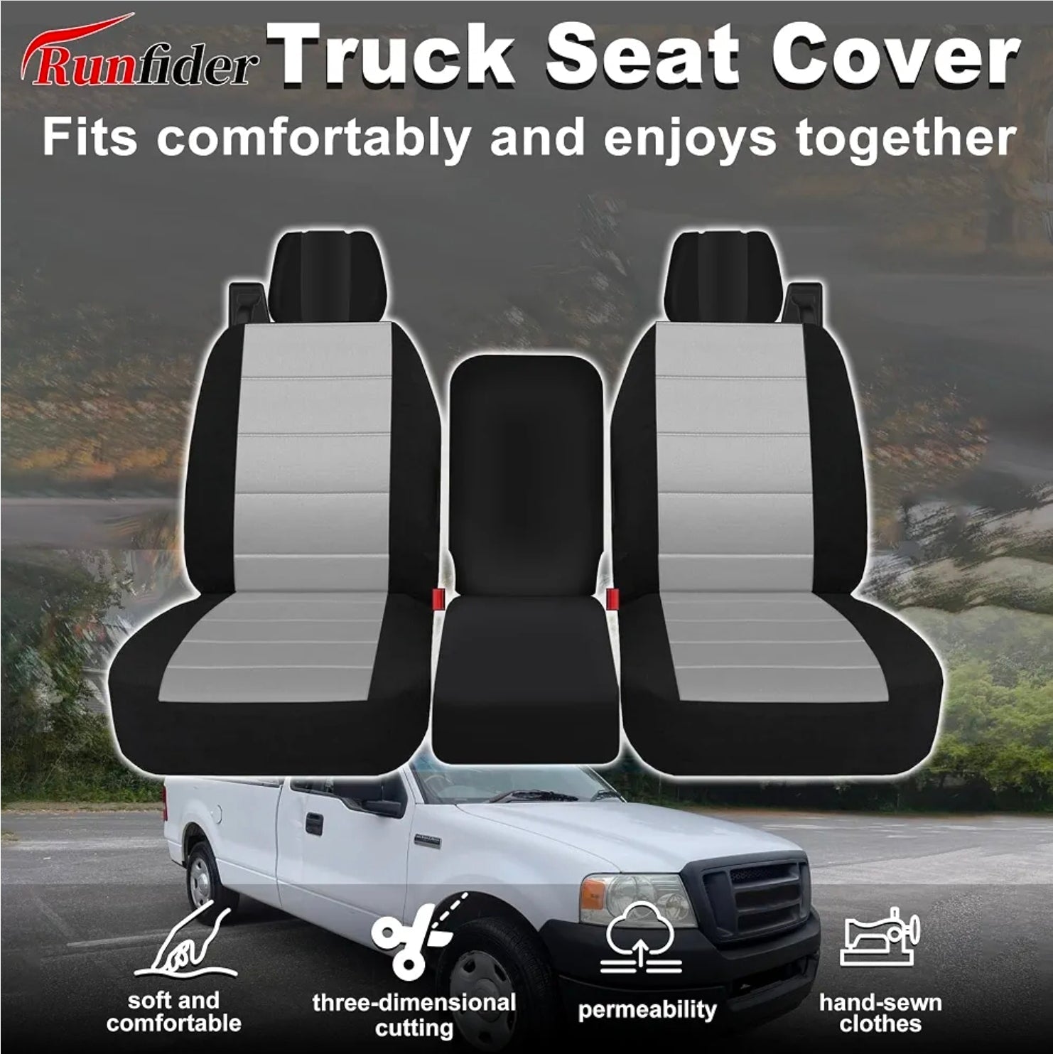 Custom Heavy Duty Fabric 40/20/40 Split Bench Seat Covers for Ford F150 XL/Standard Cab 2004 2005 2006 2007 2008 Protector Interior Accessories，Waterproof & Machine Washable - Gray - Horizon Endless