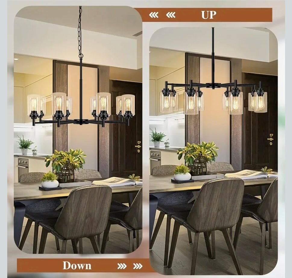 D33.5" Chandelier for Dining Room, 8-Light Black Kitchen Light Fixture Hanging Height Adjustable, Modern Farmhouse Style, Clear Glass Shade & Durable Metal, Quick & Easy Installation - Horizon Endless