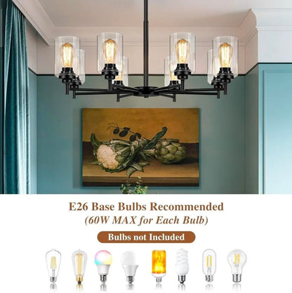 D33.5" Chandelier for Dining Room, 8-Light Black Kitchen Light Fixture Hanging Height Adjustable, Modern Farmhouse Style, Clear Glass Shade & Durable Metal, Quick & Easy Installation - Horizon Endless
