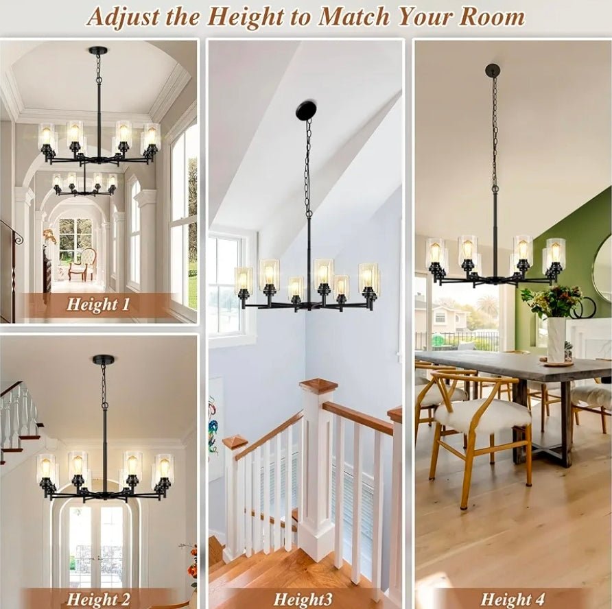 D33.5" Chandelier for Dining Room, 8-Light Black Kitchen Light Fixture Hanging Height Adjustable, Modern Farmhouse Style, Clear Glass Shade & Durable Metal, Quick & Easy Installation - Horizon Endless