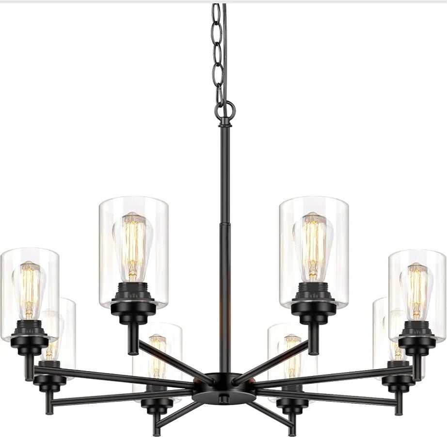 D33.5" Chandelier for Dining Room, 8-Light Black Kitchen Light Fixture Hanging Height Adjustable, Modern Farmhouse Style, Clear Glass Shade & Durable Metal, Quick & Easy Installation - Horizon Endless