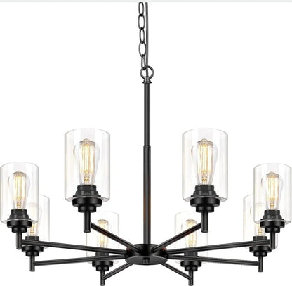 D33.5" Chandelier for Dining Room, 8-Light Black Kitchen Light Fixture Hanging Height Adjustable, Modern Farmhouse Style, Clear Glass Shade & Durable Metal, Quick & Easy Installation - Horizon Endless