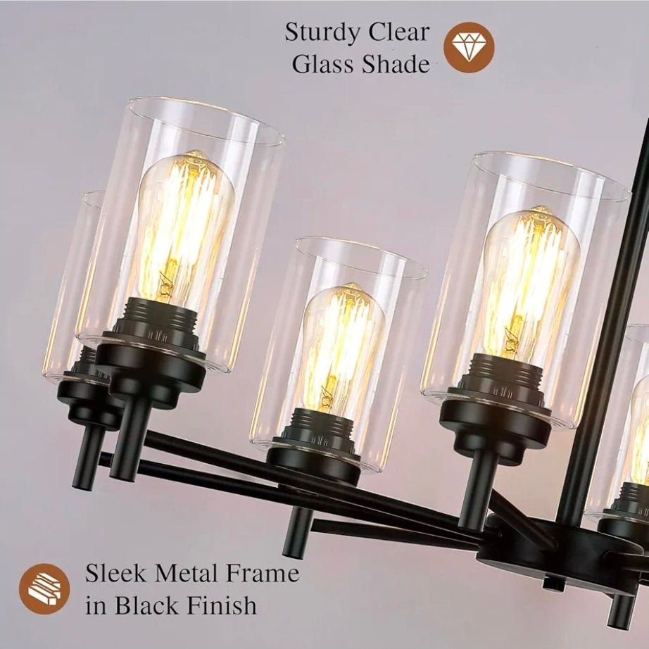 D33.5" Chandelier for Dining Room, 8-Light Black Kitchen Light Fixture Hanging Height Adjustable, Modern Farmhouse Style, Clear Glass Shade & Durable Metal, Quick & Easy Installation - Horizon Endless