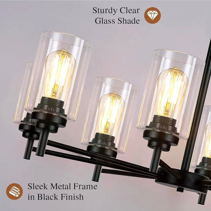 D33.5" Chandelier for Dining Room, 8-Light Black Kitchen Light Fixture Hanging Height Adjustable, Modern Farmhouse Style, Clear Glass Shade & Durable Metal, Quick & Easy Installation - Horizon Endless