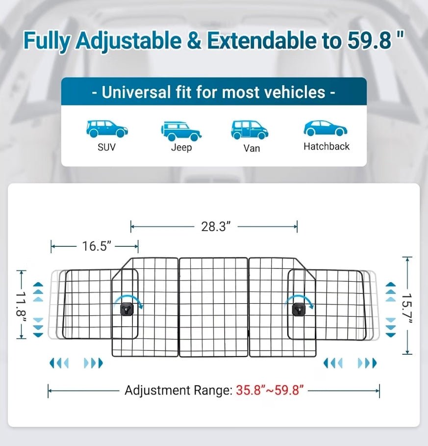Dog Car Barrier for SUV, Heavy-Duty Steel Wire Pet Gate, Foldable Adjustable Universal-Fit Divider - Horizon Endless