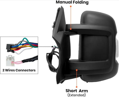 Driver Side Mirror for 2014-2024 Ram Promaster 1500/2500/3500 8+2Pins Mirrors with Heated,Power Glass,Turn Signals Light,Temperature Sensor,Replaces# 5VE99JXWAD (Short Arm)Left - Horizon Endless
