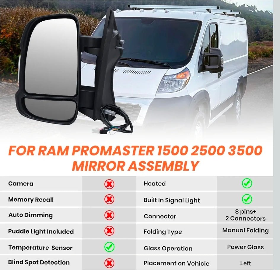 Driver Side Mirror for 2014-2024 Ram Promaster 1500/2500/3500 8+2Pins Mirrors with Heated,Power Glass,Turn Signals Light,Temperature Sensor,Replaces# 5VE99JXWAD (Short Arm)Left - Horizon Endless