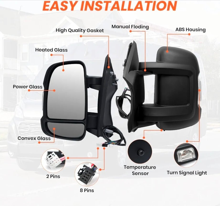 Driver Side Mirror for 2014-2024 Ram Promaster 1500/2500/3500 8+2Pins Mirrors with Heated,Power Glass,Turn Signals Light,Temperature Sensor,Replaces# 5VE99JXWAD (Short Arm)Left - Horizon Endless