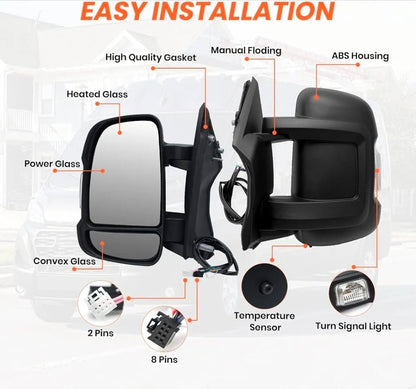 Driver Side Mirror for 2014-2024 Ram Promaster 1500/2500/3500 8+2Pins Mirrors with Heated,Power Glass,Turn Signals Light,Temperature Sensor,Replaces# 5VE99JXWAD (Short Arm)Left - Horizon Endless