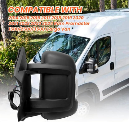 Driver Side Mirror for 2014-2024 Ram Promaster 1500/2500/3500 8+2Pins Mirrors with Heated,Power Glass,Turn Signals Light,Temperature Sensor,Replaces# 5VE99JXWAD (Short Arm)Left - Horizon Endless
