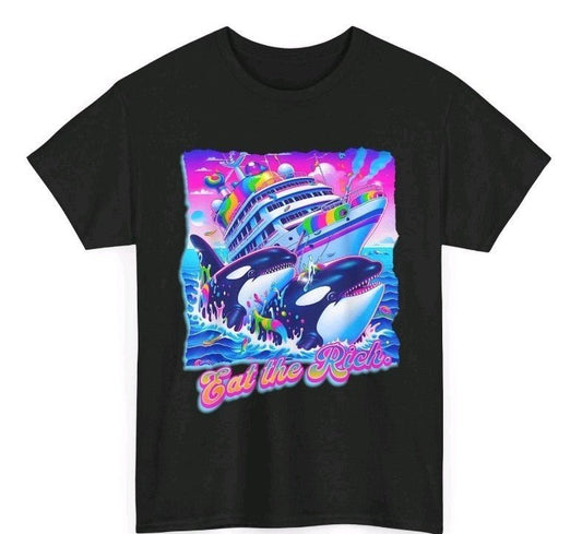 Eat the Rich Whale 90s Orca Funny Whale Animal Yacht Retro T-Shirt Size XL new - Horizon Endless