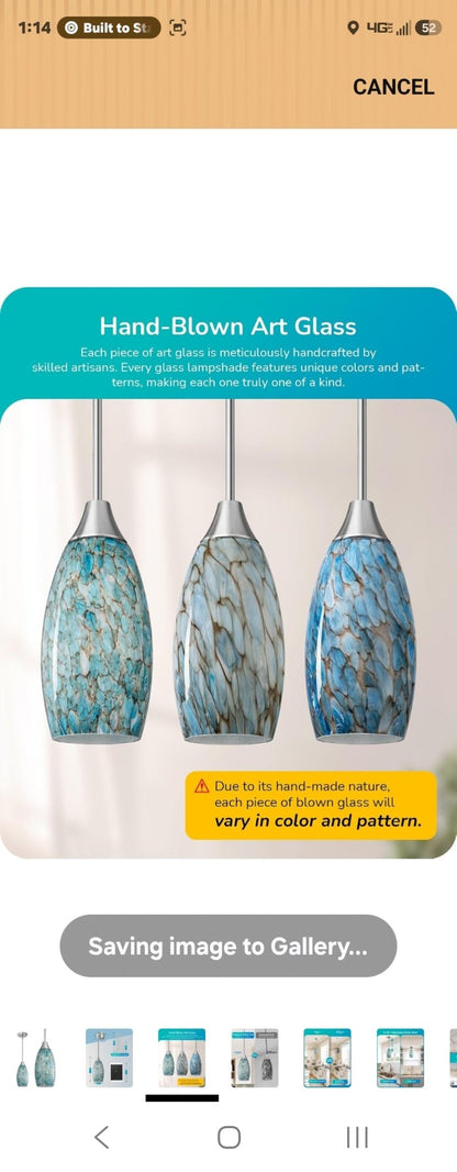 EDISHINE Pendant Light, Hand Blown Hanging Light Fixture, Adjustable Brushed Ni - Horizon Endless