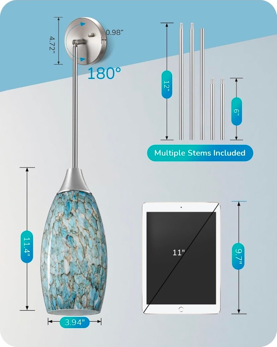 EDISHINE Pendant Light, Hand Blown Hanging Light Fixture, Adjustable Brushed Ni - Horizon Endless