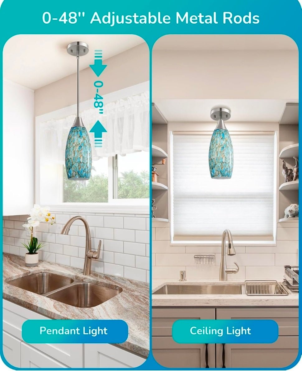 EDISHINE Pendant Light, Hand Blown Hanging Light Fixture, Adjustable Brushed Ni - Horizon Endless