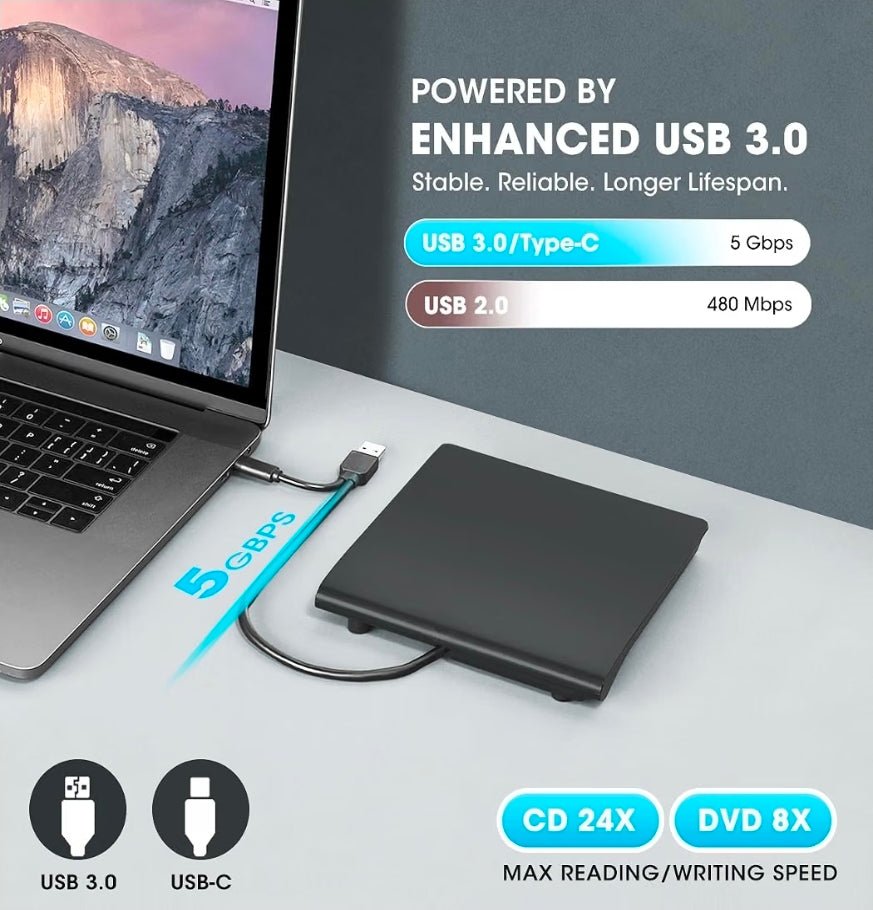 External CD DVD Drive for Laptop & Mac with Case, USB 3.0 Type-C - Horizon Endless