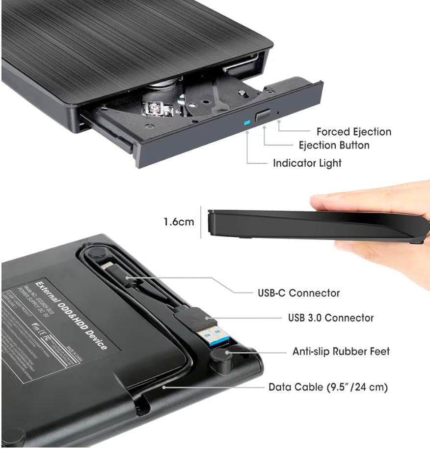 External CD DVD Drive for Laptop & Mac with Case, USB 3.0 Type-C - Horizon Endless