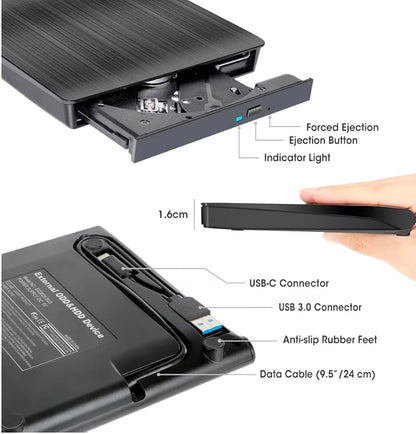 External CD DVD Drive for Laptop & Mac with Case, USB 3.0 Type-C - Horizon Endless
