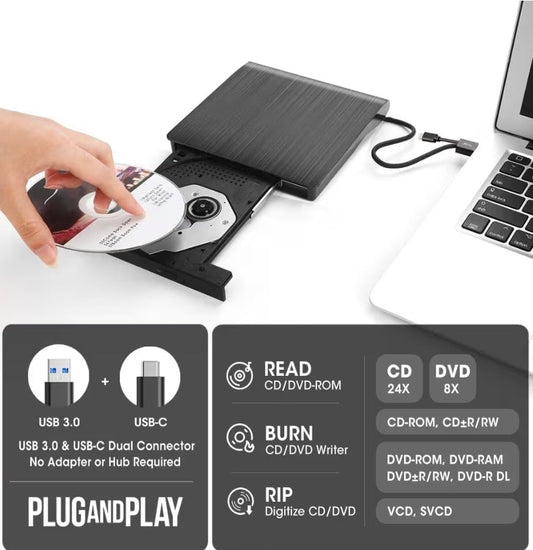External CD DVD Drive for Laptop & Mac with Case, USB 3.0 Type-C - Horizon Endless