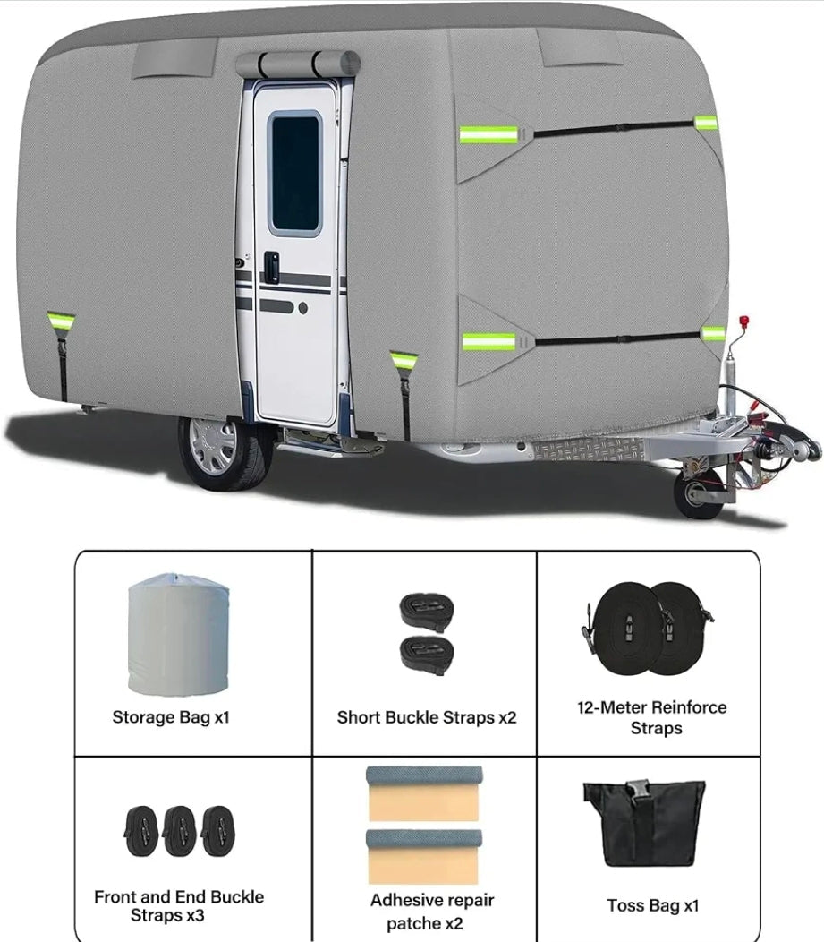 Fiberglass Travel Trailer Cover, Upgraded 8 Layers Top Fits 11 to 13 Feet Trailers, Waterproof Camper Cover, RV Cover with Extra Windproof Ropes, Adhesive Repair Patche - Horizon Endless
