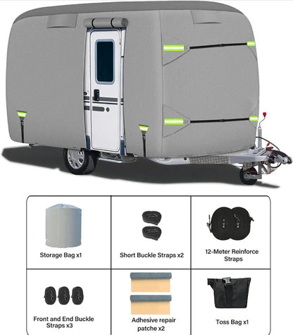 Fiberglass Travel Trailer Cover, Upgraded 8 Layers Top Fits 11 to 13 Feet Trailers, Waterproof Camper Cover, RV Cover with Extra Windproof Ropes, Adhesive Repair Patche - Horizon Endless