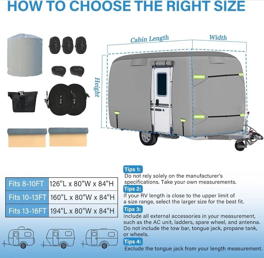 Fiberglass Travel Trailer Cover, Upgraded 8 Layers Top Fits 11 to 13 Feet Trailers, Waterproof Camper Cover, RV Cover with Extra Windproof Ropes, Adhesive Repair Patche - Horizon Endless