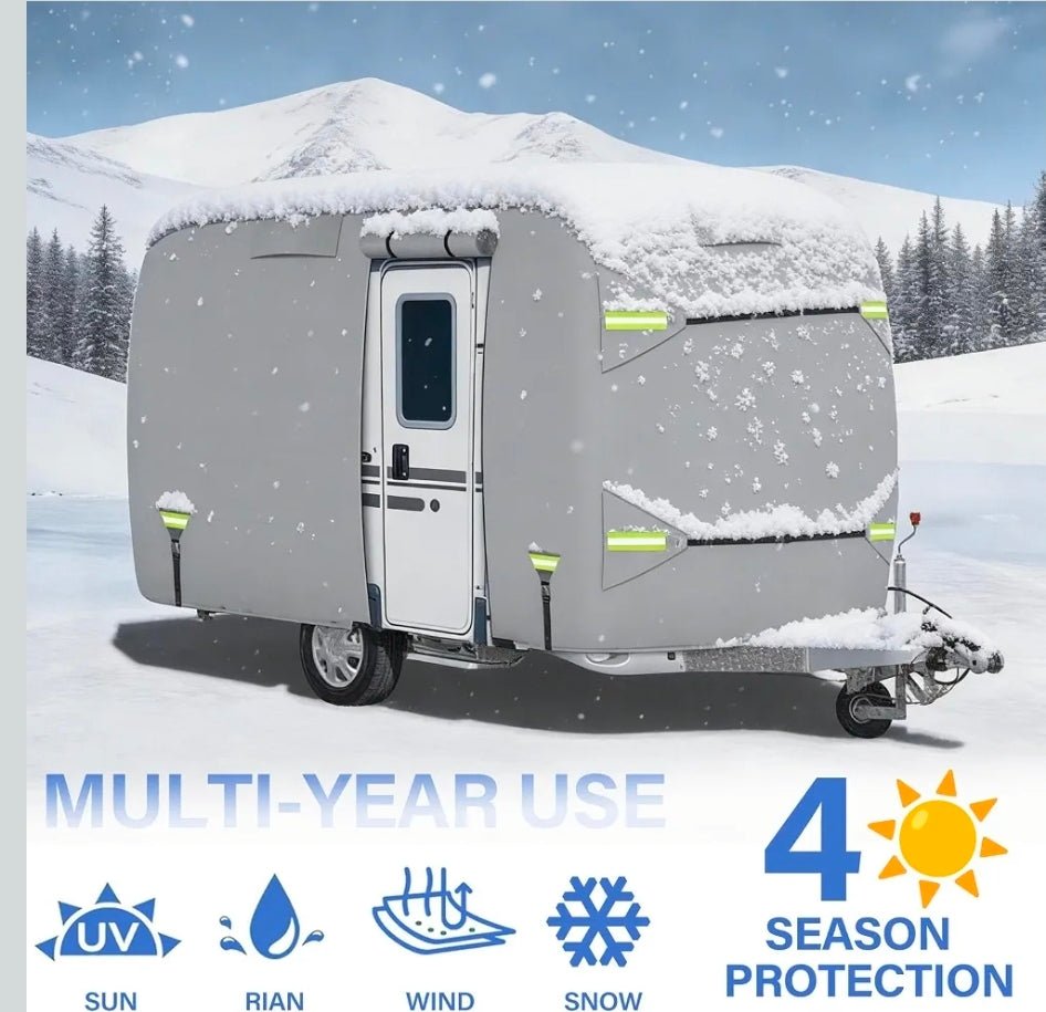 Fiberglass Travel Trailer Cover, Upgraded 8 Layers Top Fits 11 to 13 Feet Trailers, Waterproof Camper Cover, RV Cover with Extra Windproof Ropes, Adhesive Repair Patche - Horizon Endless