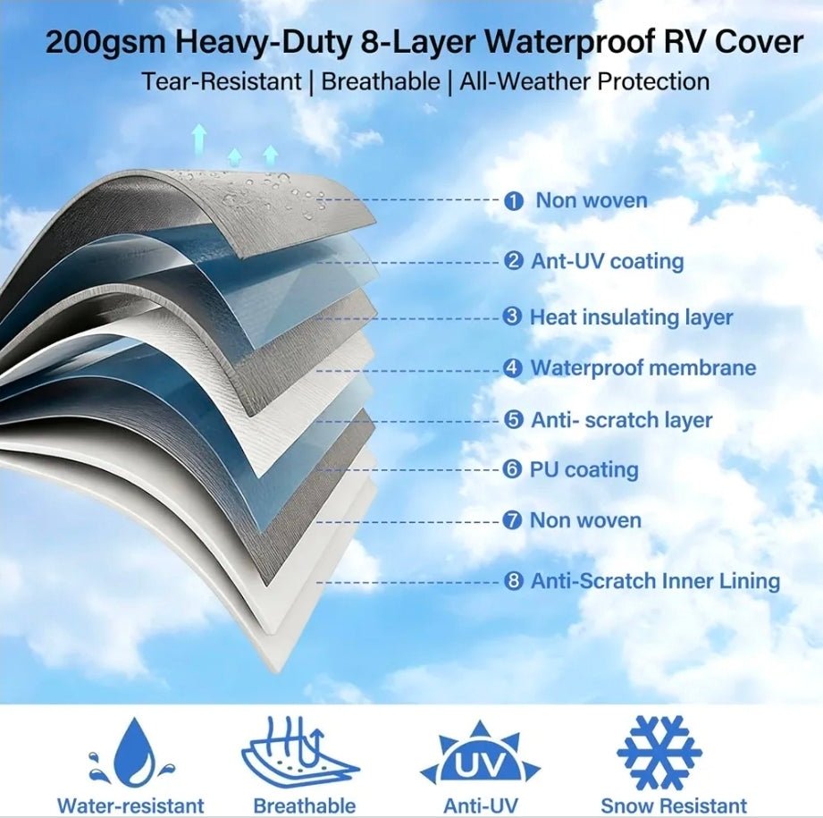 Fiberglass Travel Trailer Cover, Upgraded 8 Layers Top Fits 11 to 13 Feet Trailers, Waterproof Camper Cover, RV Cover with Extra Windproof Ropes, Adhesive Repair Patche - Horizon Endless
