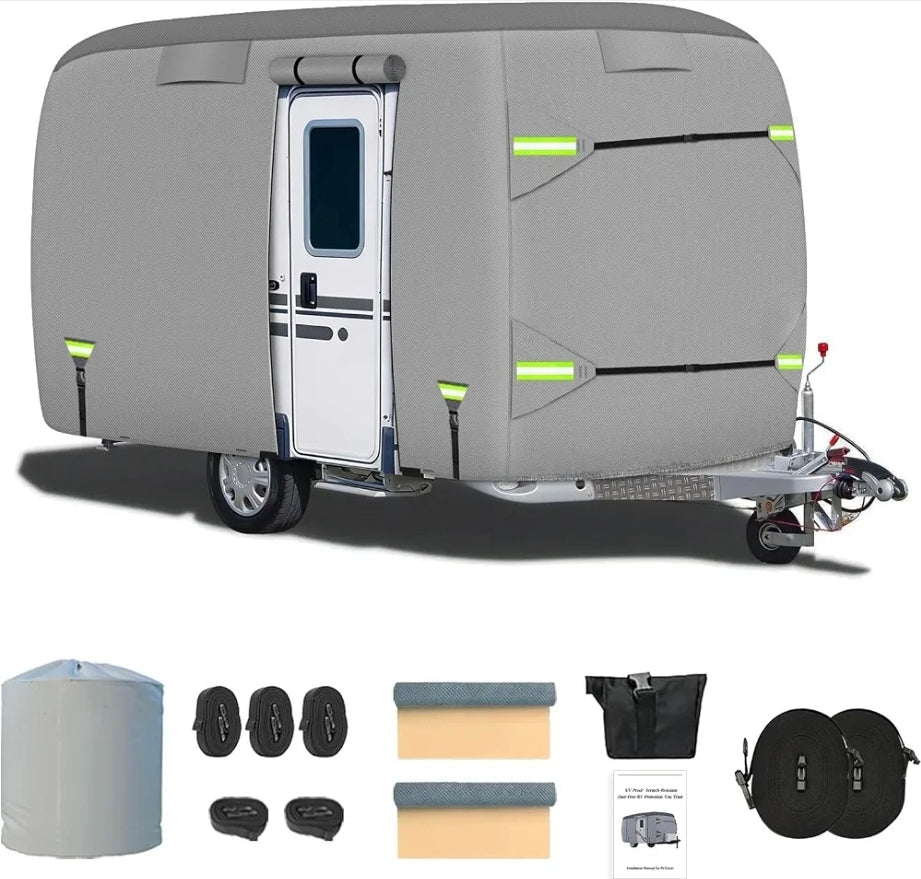 Fiberglass Travel Trailer Cover, Upgraded 8 Layers Top Fits 11 to 13 Feet Trailers, Waterproof Camper Cover, RV Cover with Extra Windproof Ropes, Adhesive Repair Patche - Horizon Endless