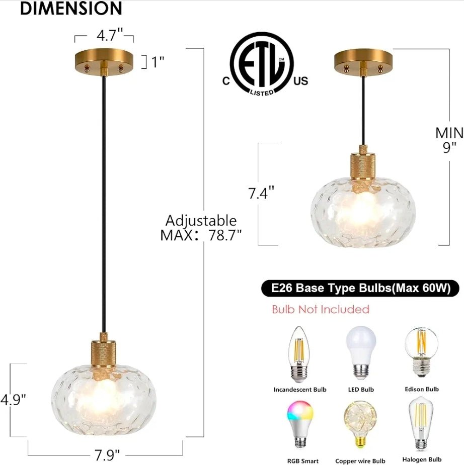 8 Inch Adjustable Hammer Glass Pendant Lights for Kitchen & Dining Room - Horizon Endless