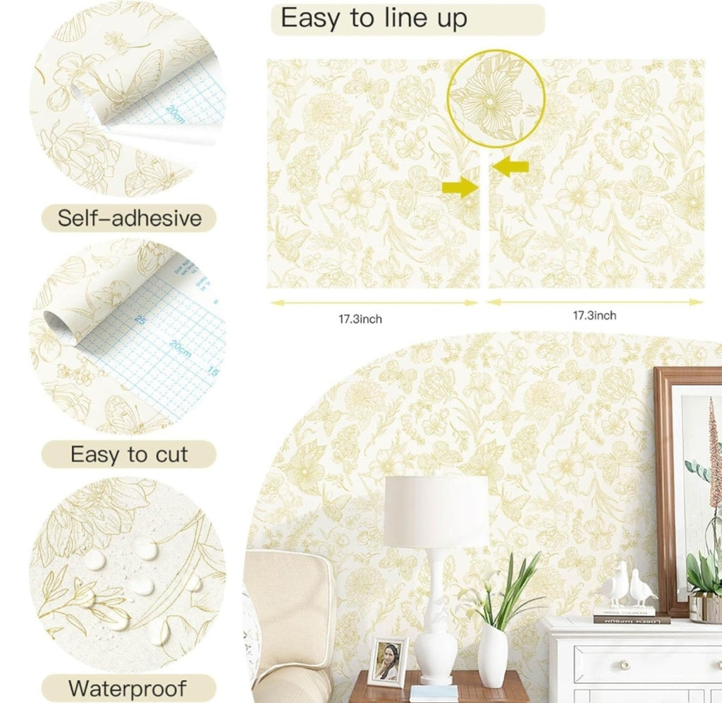 Gold Wallpaper Floral Peel and Stick Wallpaper White and Gold Wall Paper DIY New - Horizon Endless