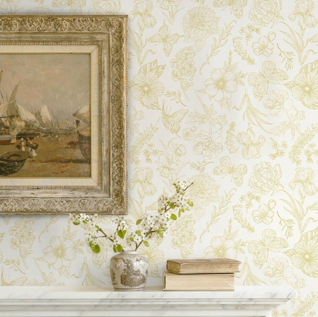 Gold Wallpaper Floral Peel and Stick Wallpaper White and Gold Wall Paper DIY New - Horizon Endless